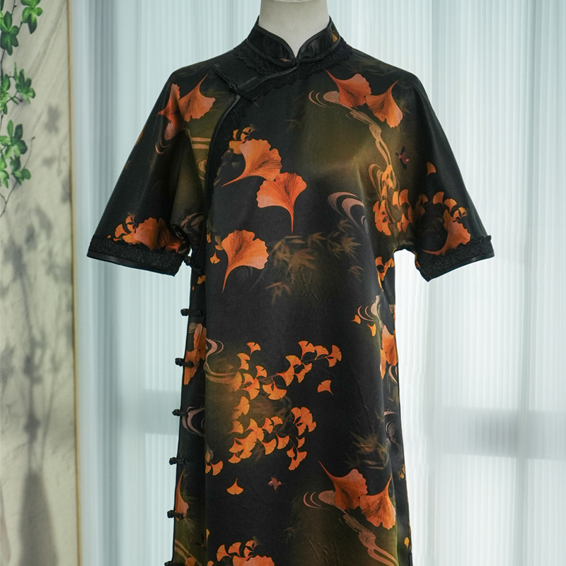 【传家款-银杏】交织30桑蚕丝香云纱中长款优雅中式改良版宽松旗袍