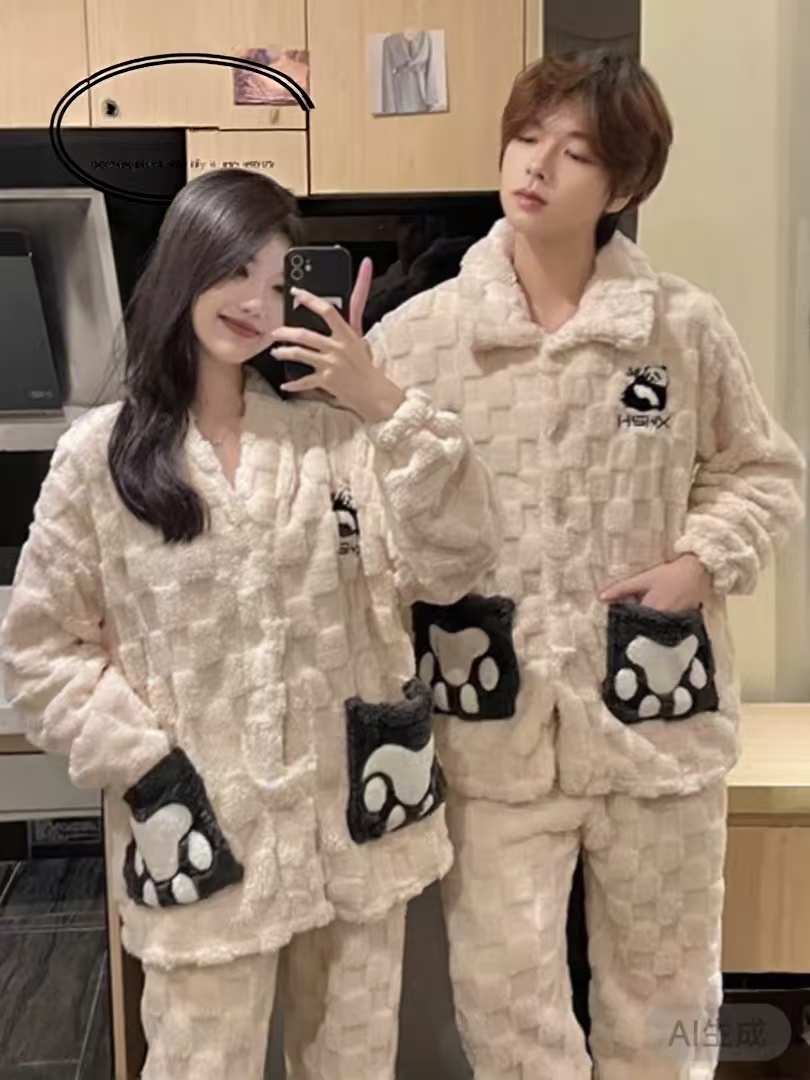 珊瑚绒睡衣男女士秋冬季加绒加绒情侣家居服套装黑色猫爪（女生款）