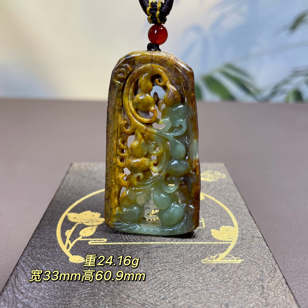 天然河磨玉吊坠葫芦双面镂空雕刻挂件福禄