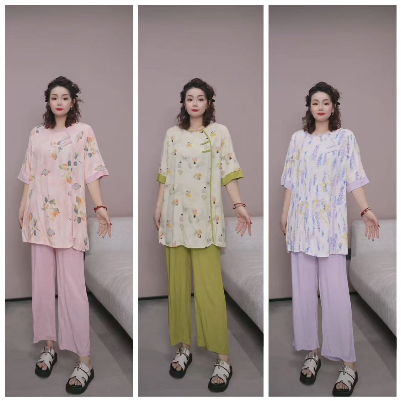 五分袖长裤【提花中式居家服套装】人棉 LMM 5096【No退换】瑕疵品