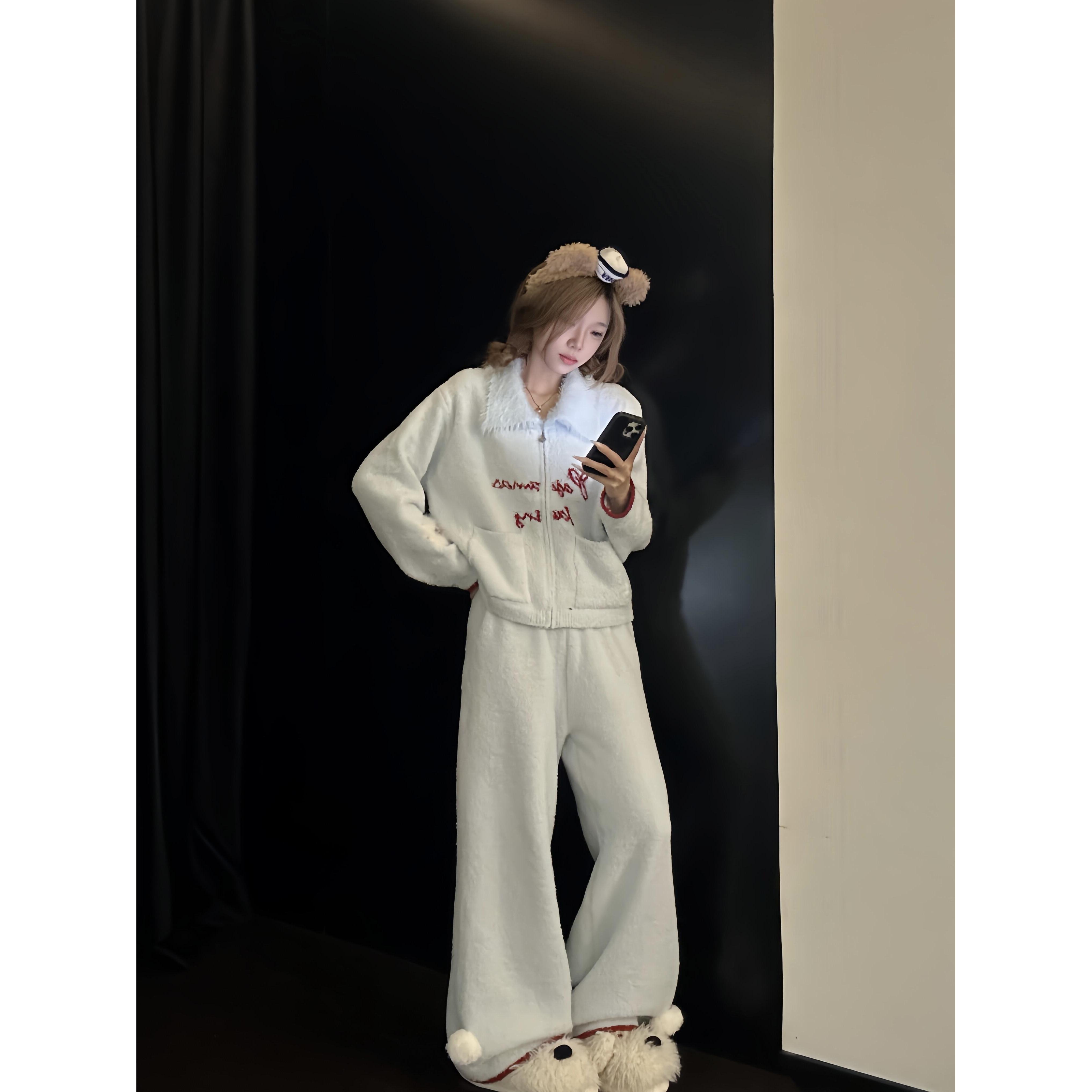 韩版毛绒绒翻领半边绒睡衣女秋冬保暖加厚针织开衫外套家居服套装