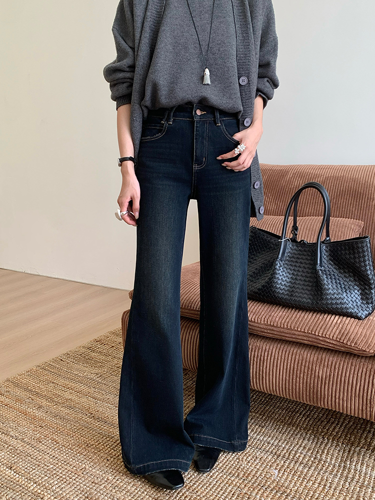 MM07【齿】加绒直筒微喇牛仔裤女冬季喇叭裤高腰加厚黑金阔腿拖地裤