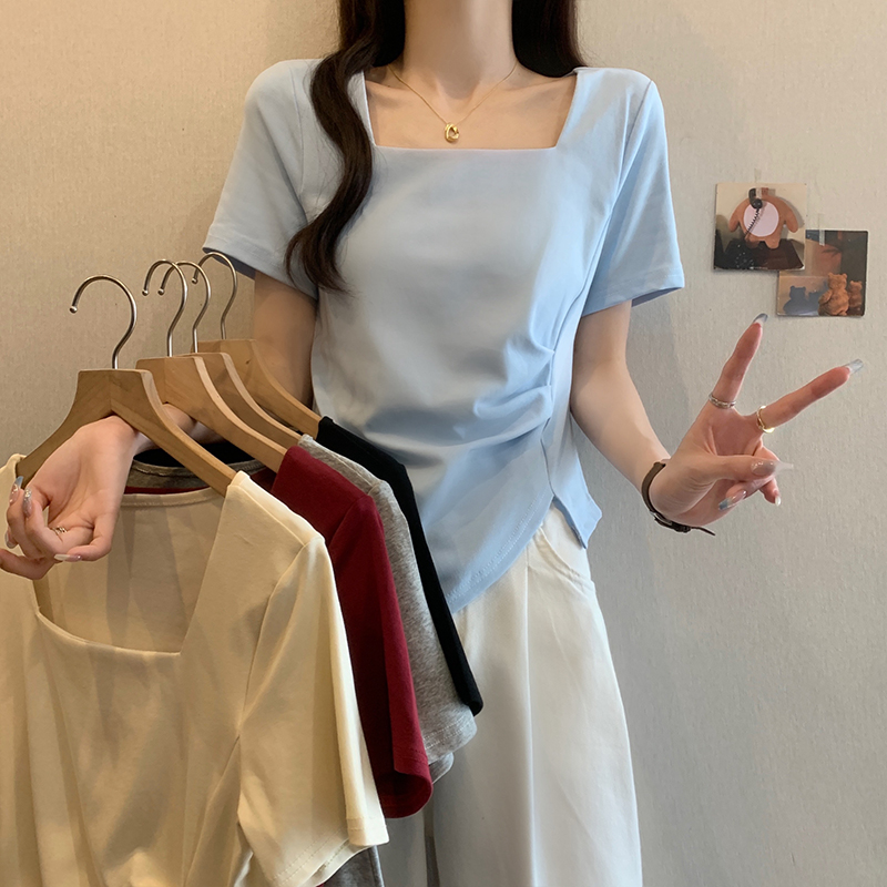 A大码胖mm遮肚子显瘦正肩短袖T恤夏季新款不规则褶皱方领上衣女装