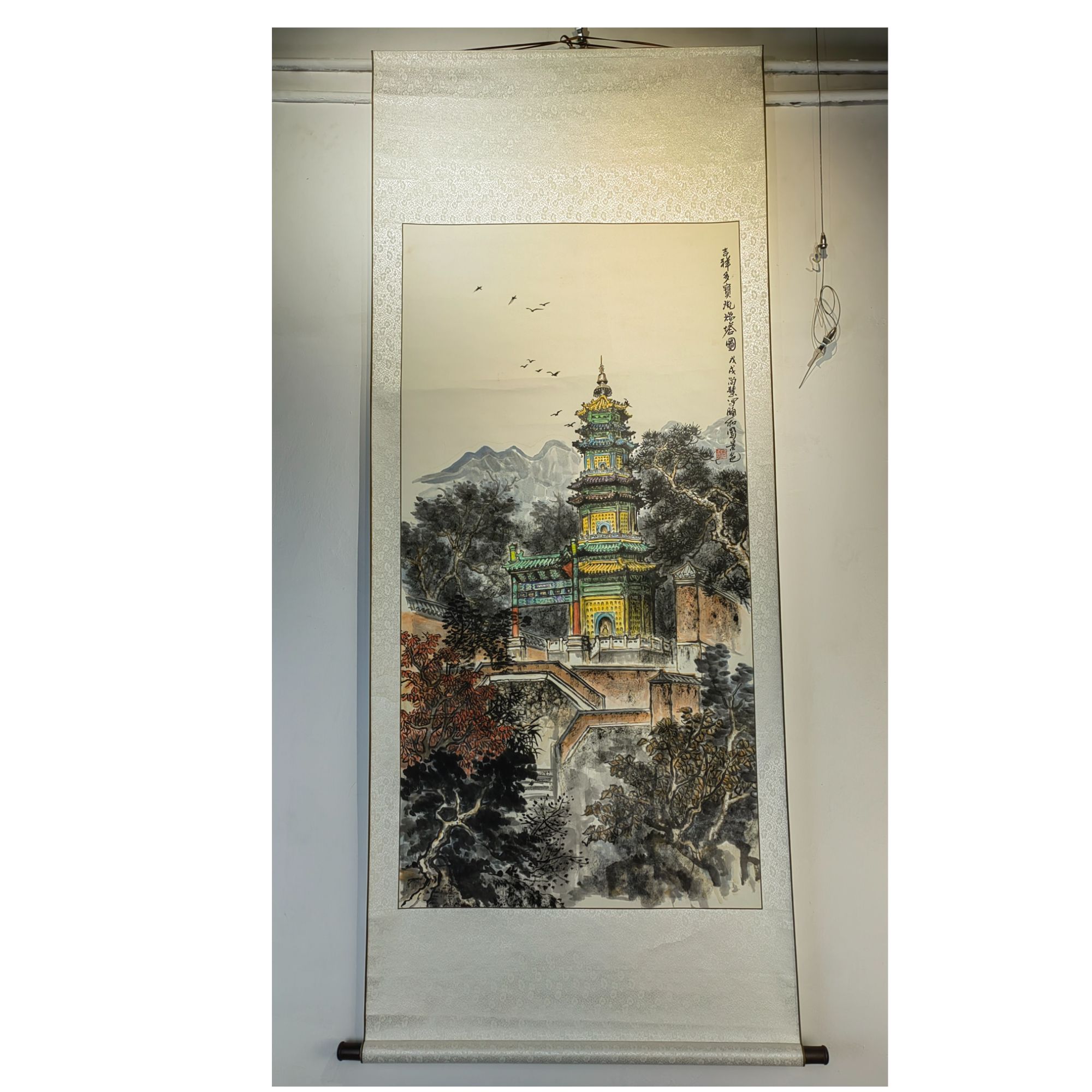 38H-尚慧 吉祥多宝塔国画精品宝塔焕彩伴林影 晕染山水灵韵