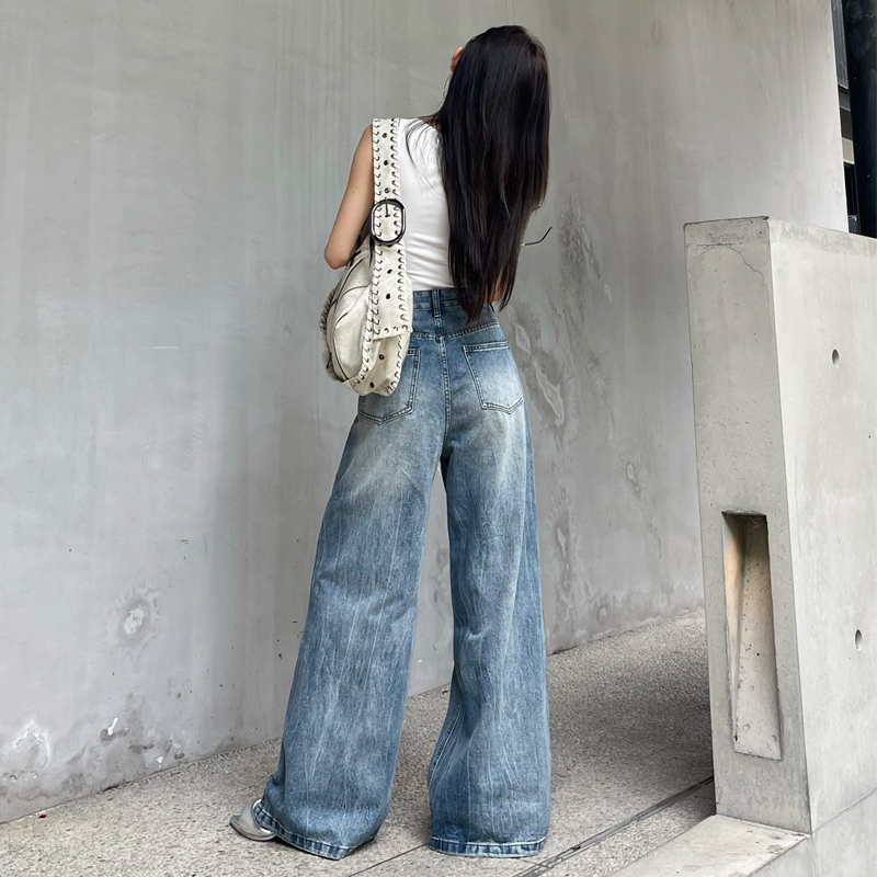 慵懒风蓝色高腰磨白破洞宽松显瘦阔腿直筒裤休闲美式百搭牛仔裤女