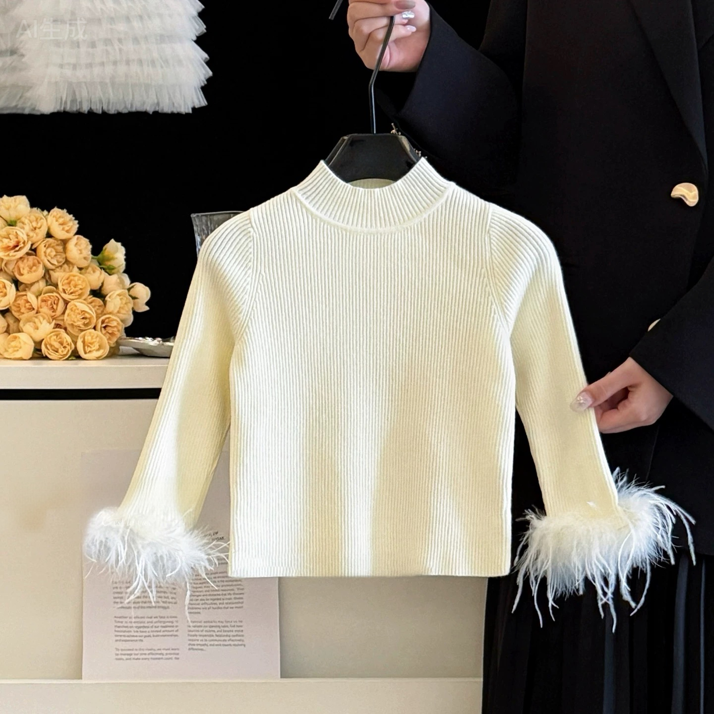 2025新款高领女童年服打底毛衣儿童针织衫秋冬羽毛袖半高领