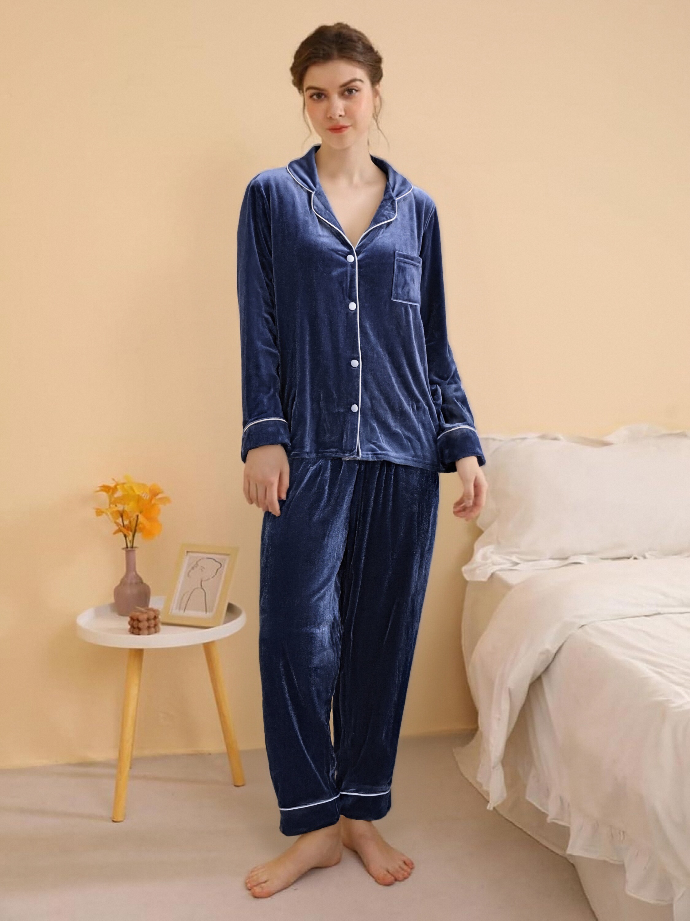 秋冬季男女同款简约时尚家居服气质绒面睡衣长袖长裤睡衣套装S515