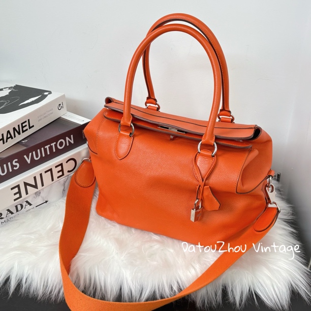 95新 Hermes/爱马仕 橙色银扣toolbox手提斜挎包cysp