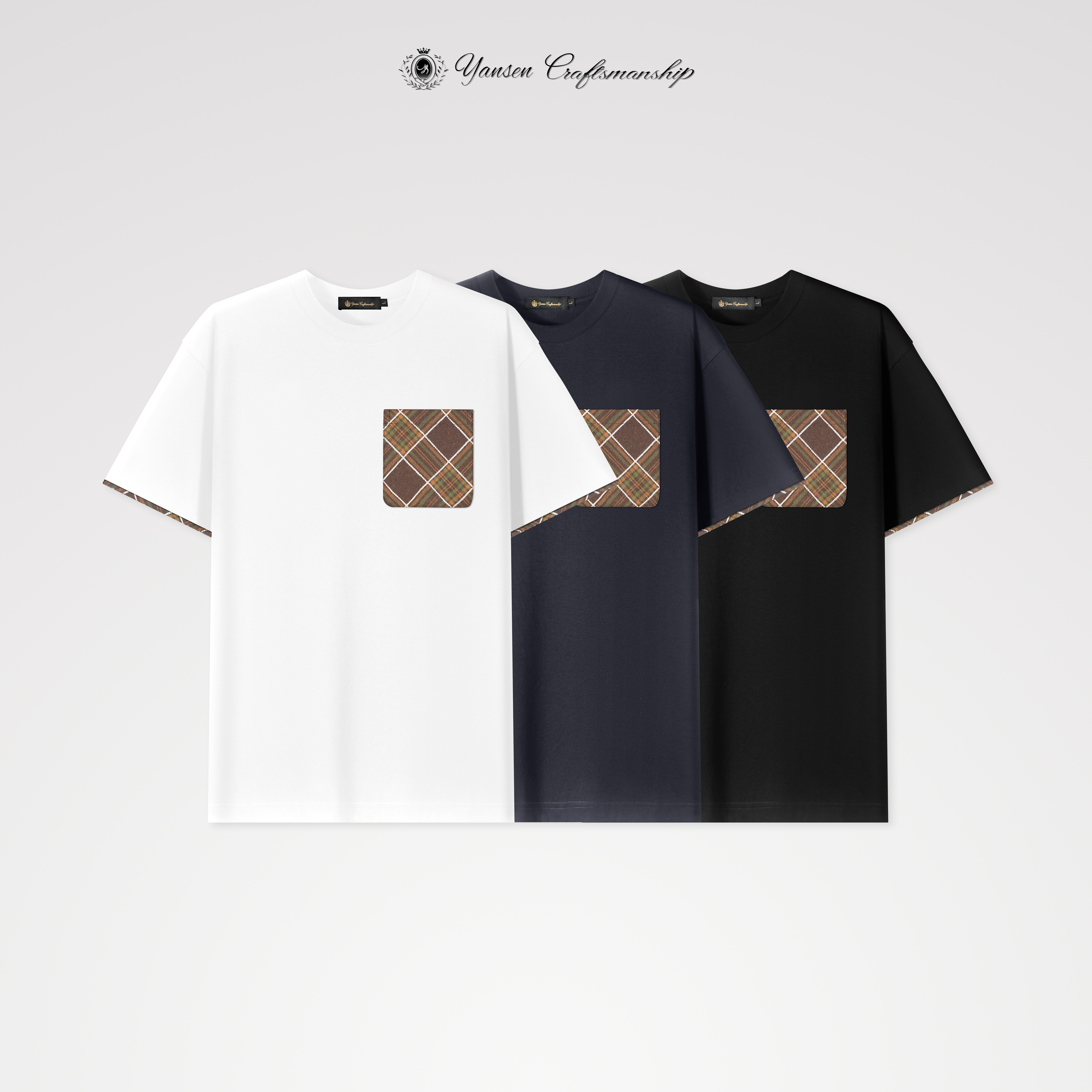 【黑标系列】简约格纹口袋设计圆领短袖T恤 KI078