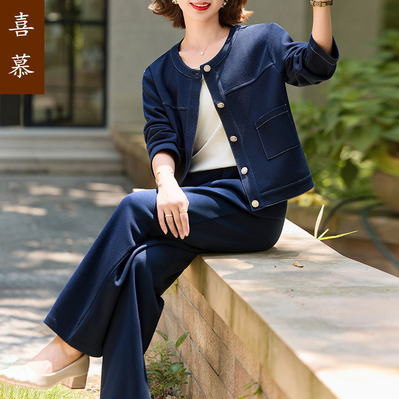 妈妈洋气高贵短款外套中年女装春秋装四五十岁中老年休闲薄款套装