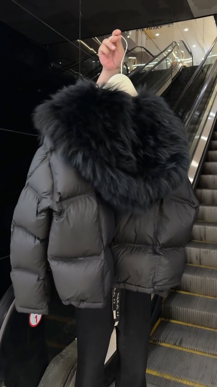 韩系黑色大毛领短款棉服女2025冬季新款保暖面包服气质厚棉衣外套