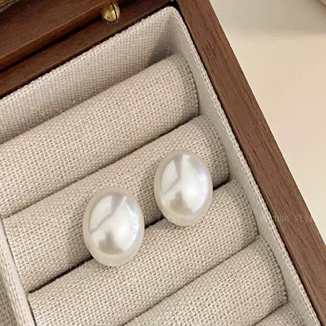 非金属仿珍珠耳饰 珠珠耳钉高级感扁圆馒头珠925耳钉