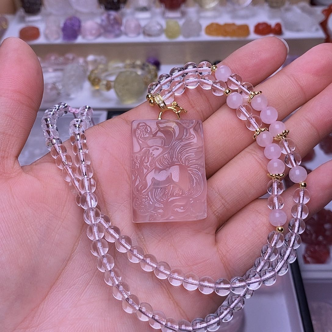 未镶嵌颈饰水晶粉水晶九尾狐吊坠 送链子