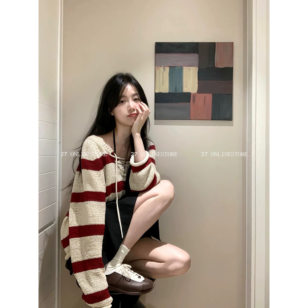 气质复古红色条纹系带毛衣女装早秋松弛感穿搭宽松长袖针织衫上衣