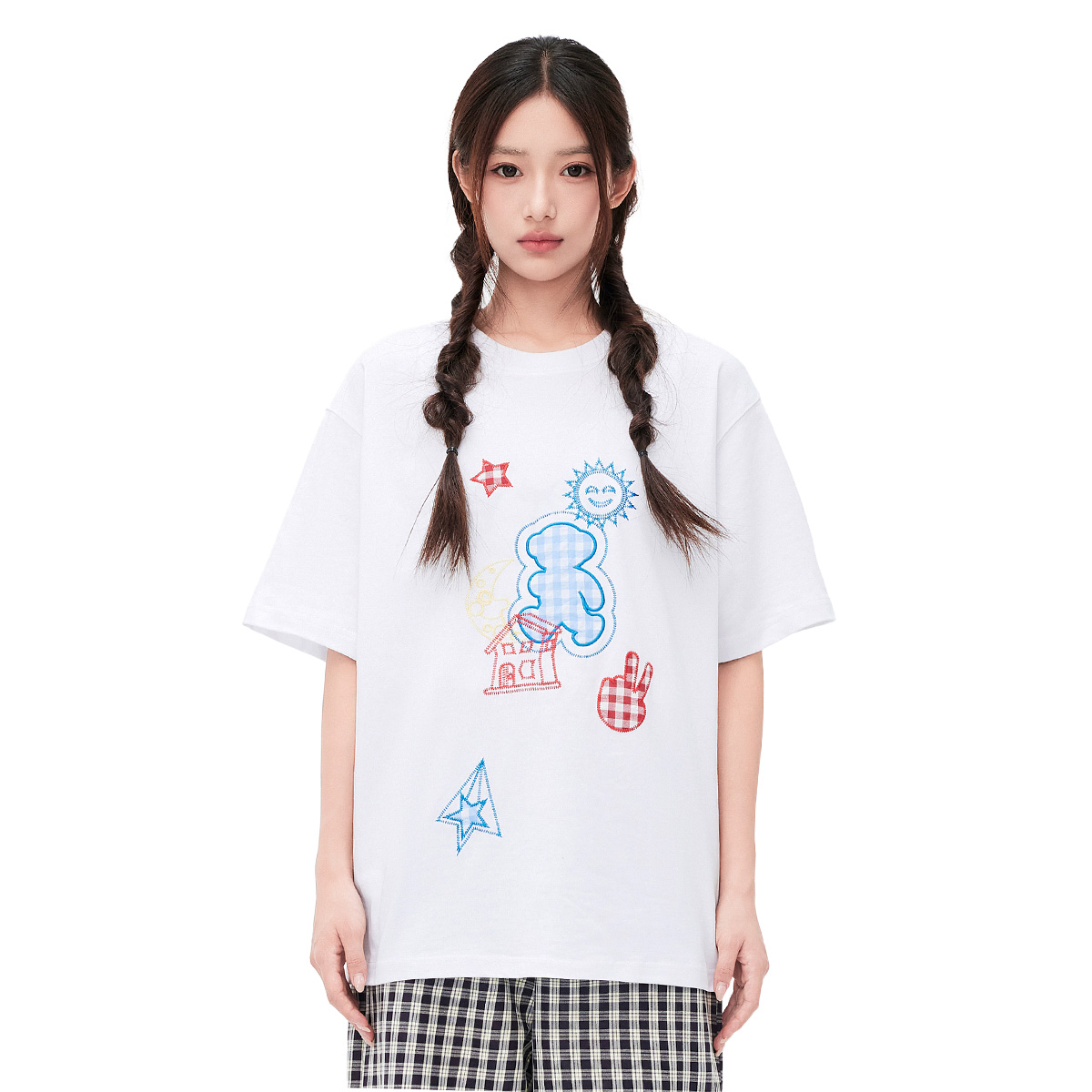 TSMLXLT多彩格纹贴布刺绣设计T恤女蒙太奇趣味感夏季新款短袖上衣