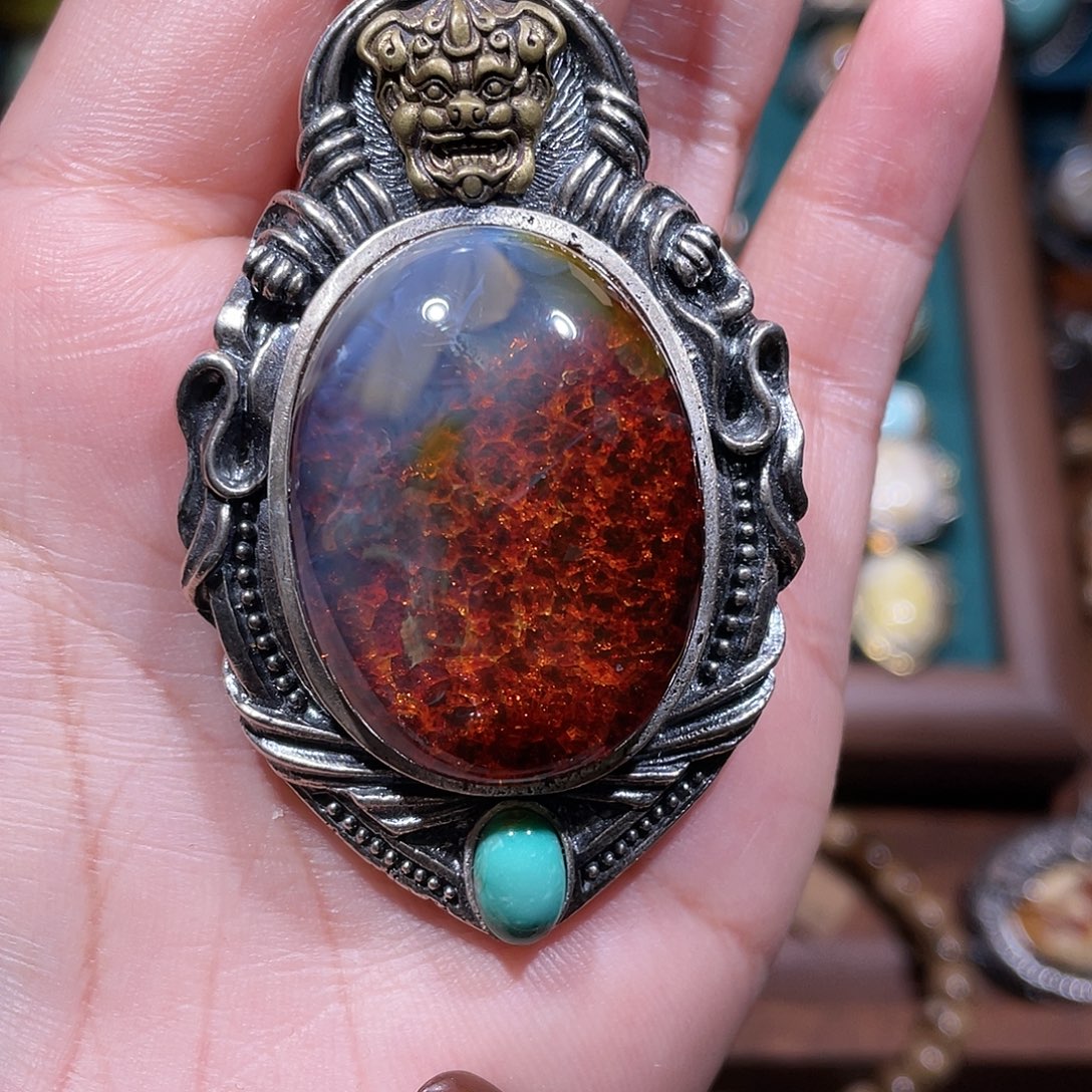 小***貓琥珀银S925镶嵌颈饰吊坠