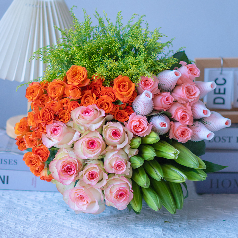 【520鲜花】艾莎玫瑰+粉玫瑰+多头玫瑰+香水百合+配草 云南基地直发