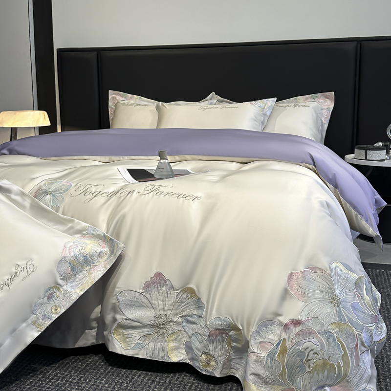 富安娜高档系列家纺A类轻奢200支全棉四件套纯棉刺绣被套床上用品