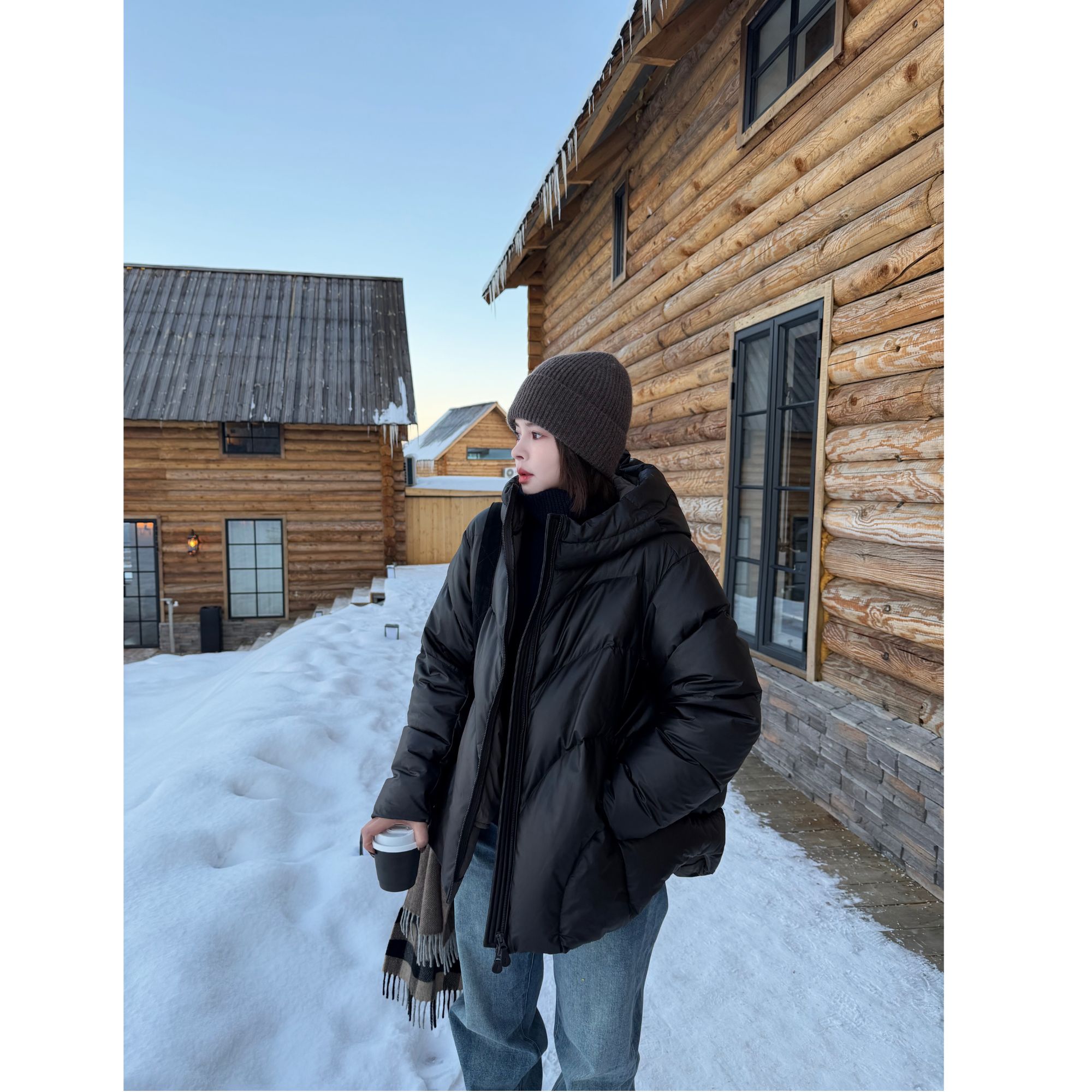 LAZYVISION【曼哈顿】绵羊皮连帽保暖90白鹅绒外套女ZMD-34493