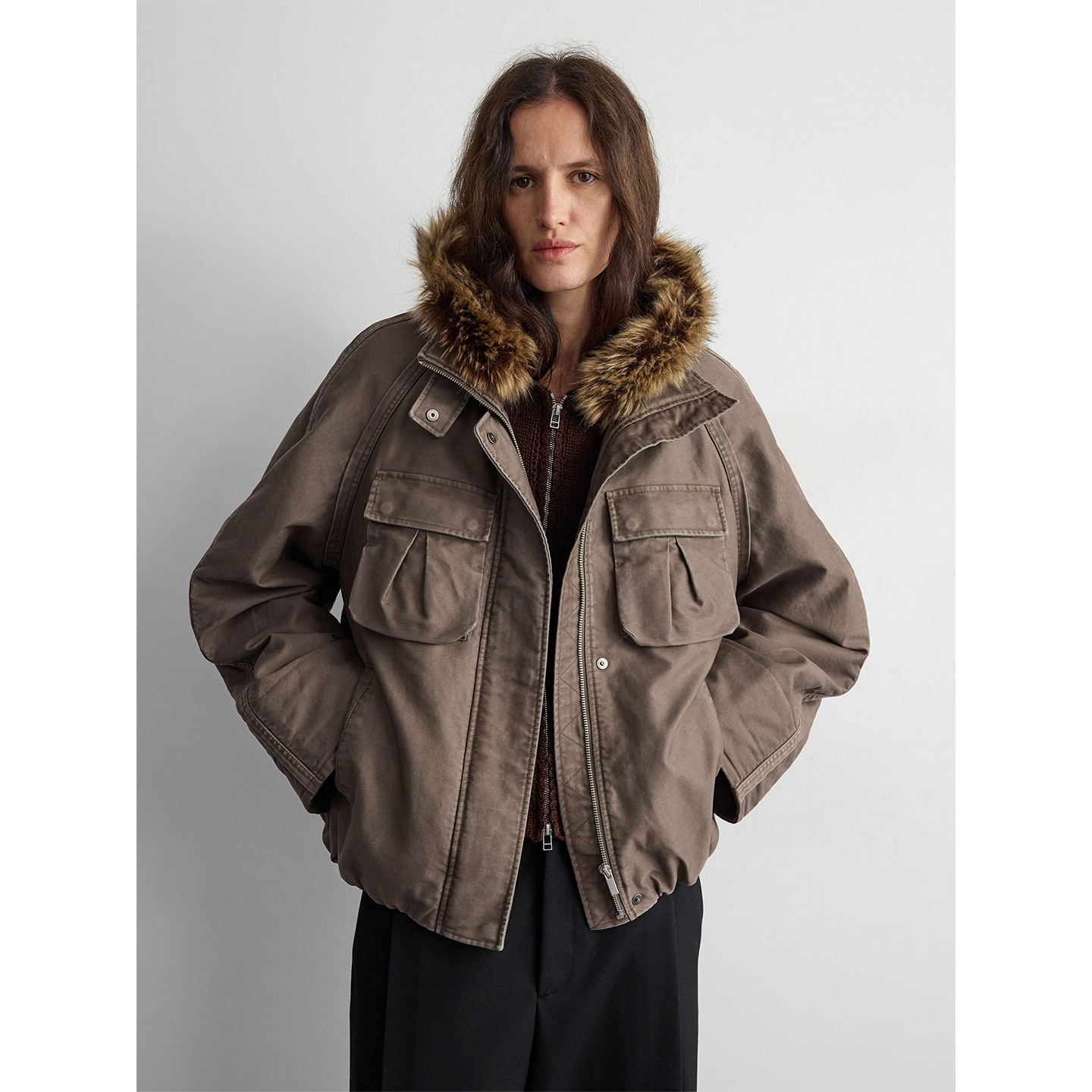 RandomPiece25冬 100棉水洗工艺多口袋下摆收褶设计短款棉服外套