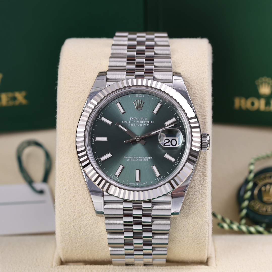 99新 Rolex/劳力士 126334日志 新款薄荷绿五珠链 2025年2月保卡 
