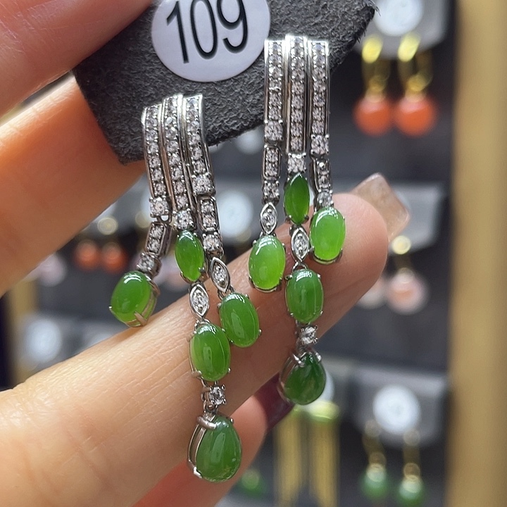 和田玉耳饰银S925镶嵌