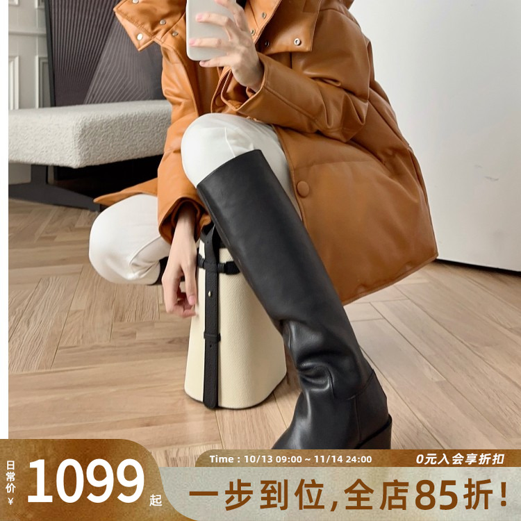 美洋MEIYANG肯豆长靴 全真皮御姐尖头粗高跟中高筒骑士靴