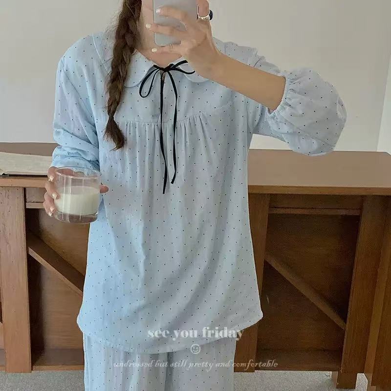 小舞【蓝色岛屿】蕾丝长袖甜美娃娃领春季气质休闲纯棉睡衣家居服