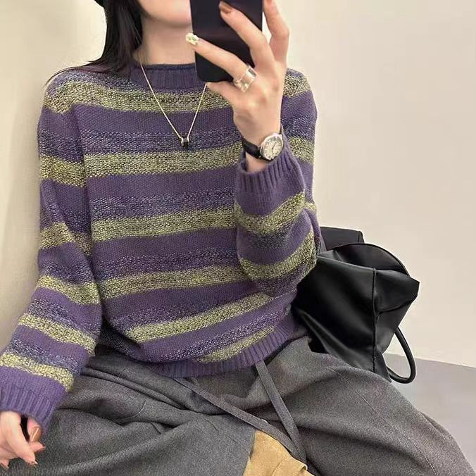 【花紫】条纹拼色卷边领套头毛衣女秋冬新款韩系宽松时尚休闲针织