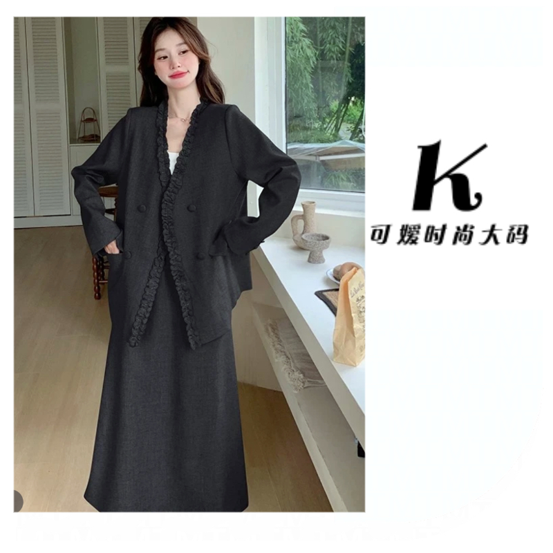 春季新款减龄显瘦修身韩系木耳边小香风西装套装裙大码春秋气质