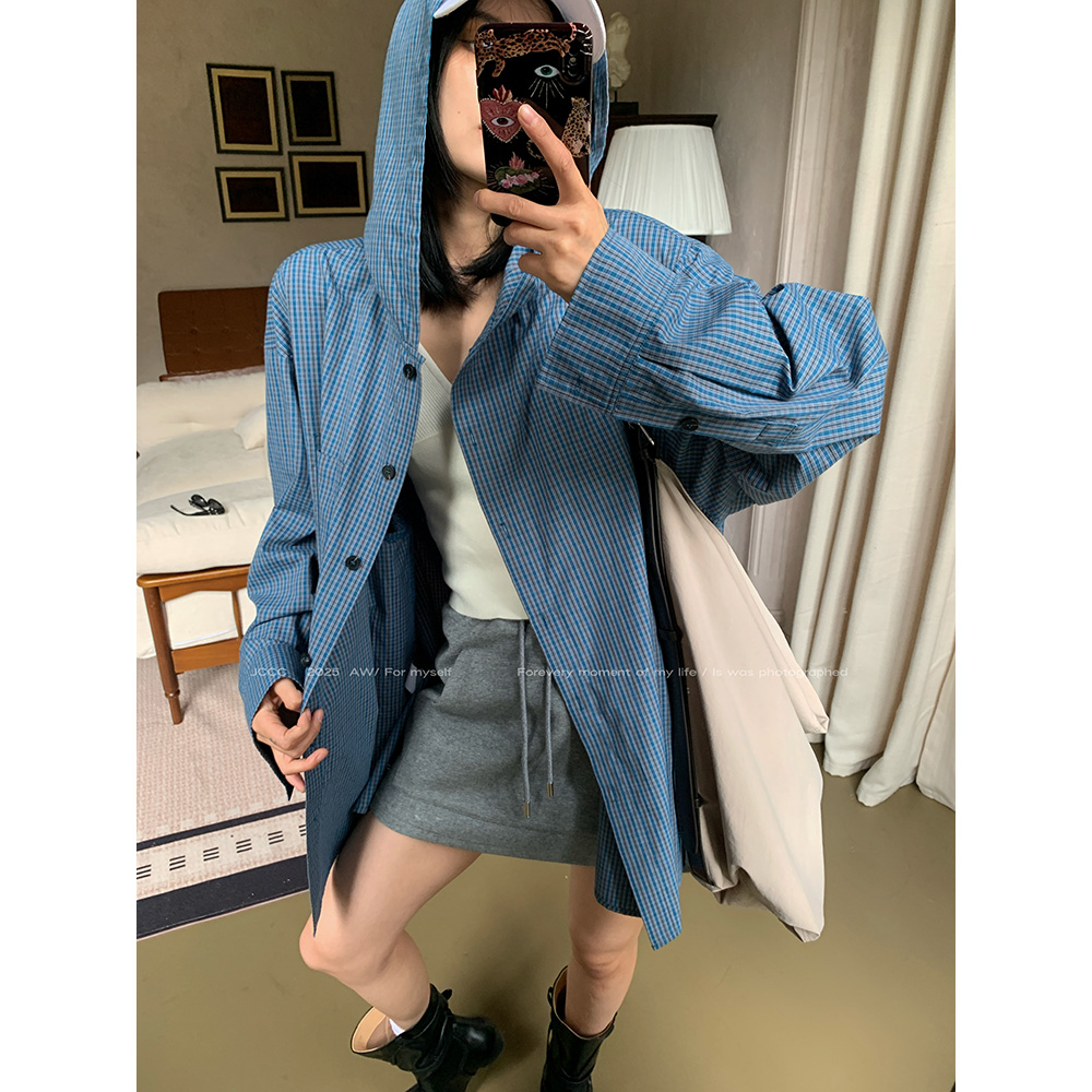 JCCC影子【格调经纬】蓝色经典格纹连帽廓形衬衫外套JE5AAC15