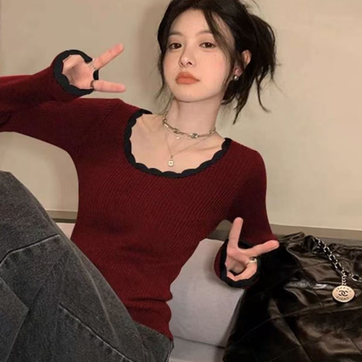 撞色方领甜辣风休闲百搭长袖针织打底衫7051