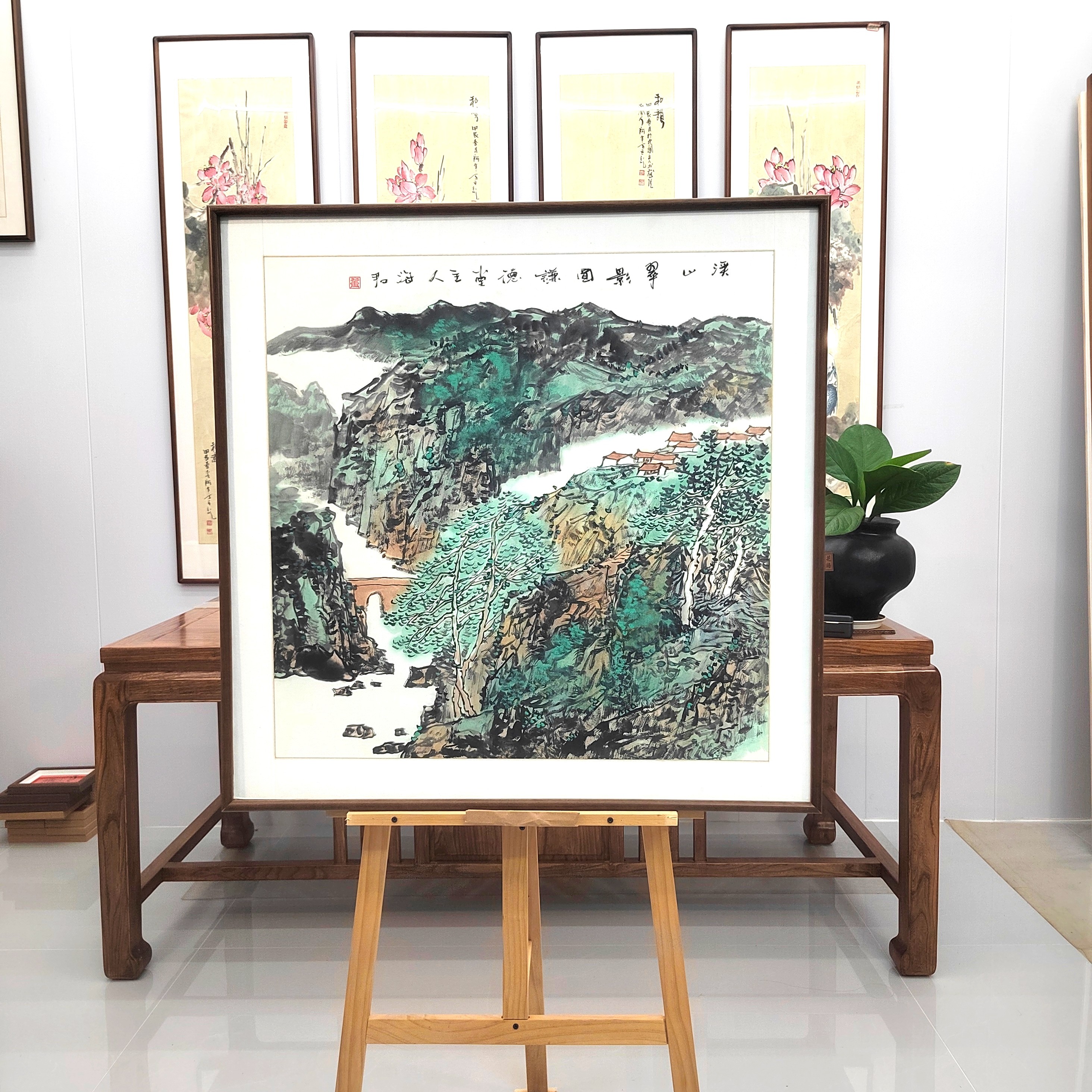 纯手绘国画青绿山水《溪山翠影图》80*80cm书房茶室办公室玄关餐厅