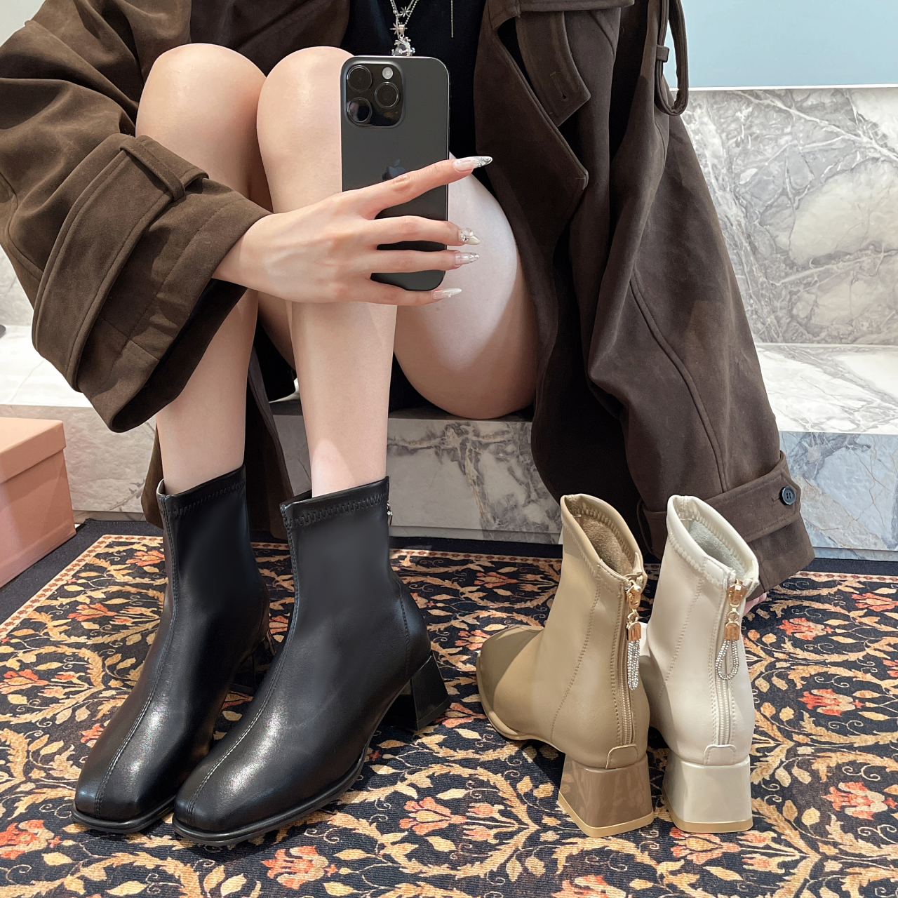 粗跟短靴女2025新款春秋单靴法式黑色小踝靴高跟靴子马丁靴瘦瘦靴