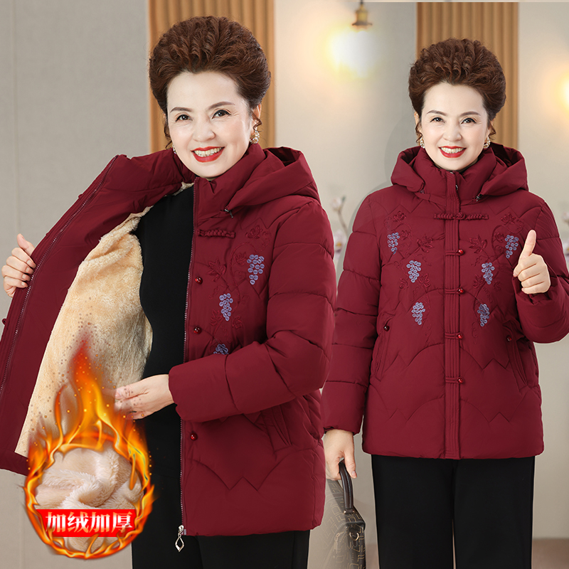 中老年妈妈加绒棉服带帽奶奶装棉衣保暖老太太棉袄加厚老人冬装