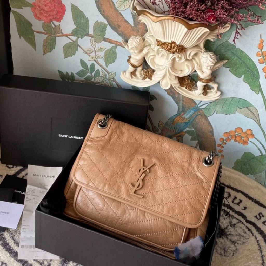 99新 YSL/圣罗兰 YSL油蜡皮奶茶色D扣Niki中号 25120175-02