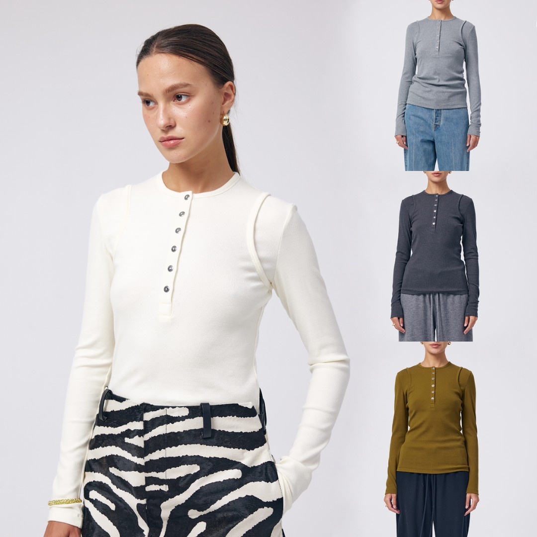 YIMAIMAI轻尘初静 亨利领假两件圆领长袖半开襟打底衫