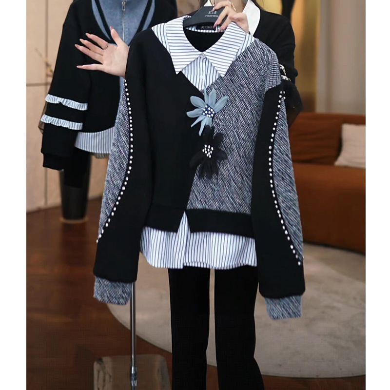 静奢风重工钉钻撞色拼接翻领卫衣女秋冬季新品轻奢精致感显瘦上衣