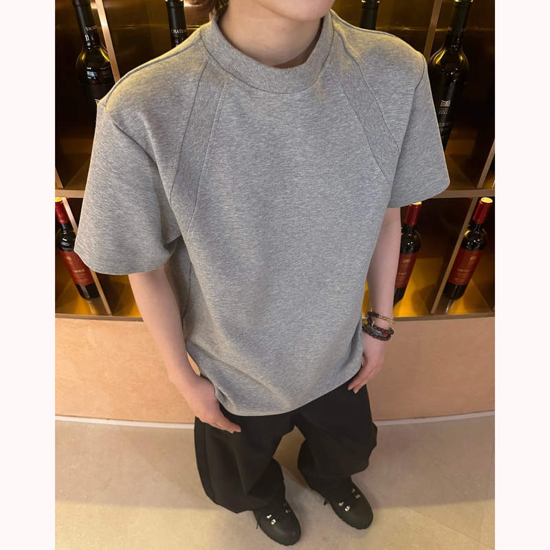 【EME】280g夏季太空棉拼接男女同款斜插短袖T恤抗皱硬挺短款boxy