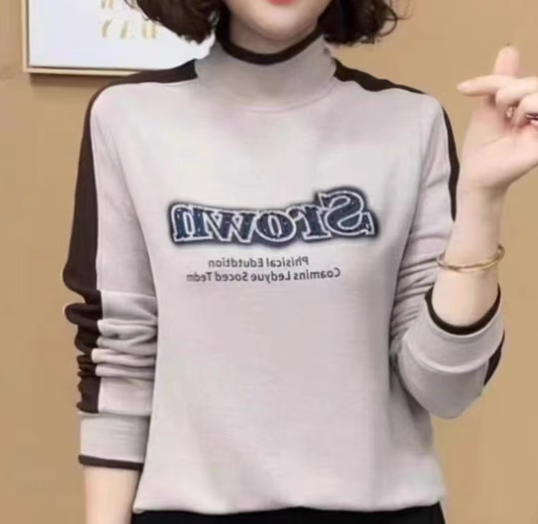半高领字母烫钻双面绒打底衫卫衣女-SR