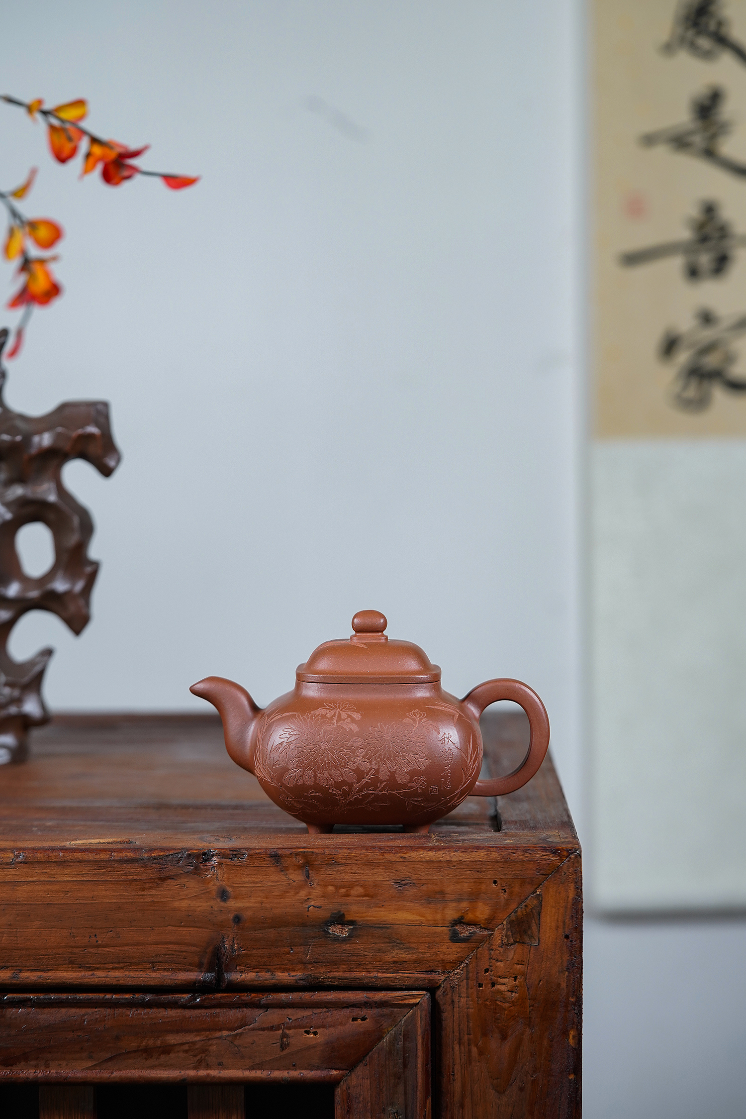 【禅砂居】传炉壶_240cc_底槽清_半手工_宜兴原矿紫砂手工刻绘茶壶