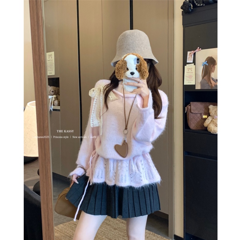 甜美风法式镂空长袖针织衫毛衣女装秋季别致抽绳收腰显瘦上衣