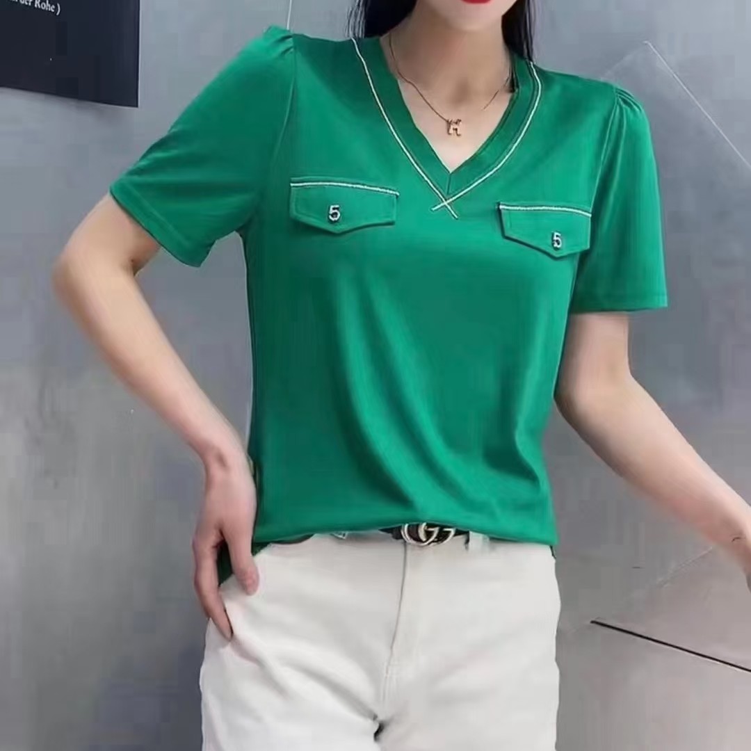 V领短袖极简风中老年女士刺绣T恤女士潮流夏季韩版