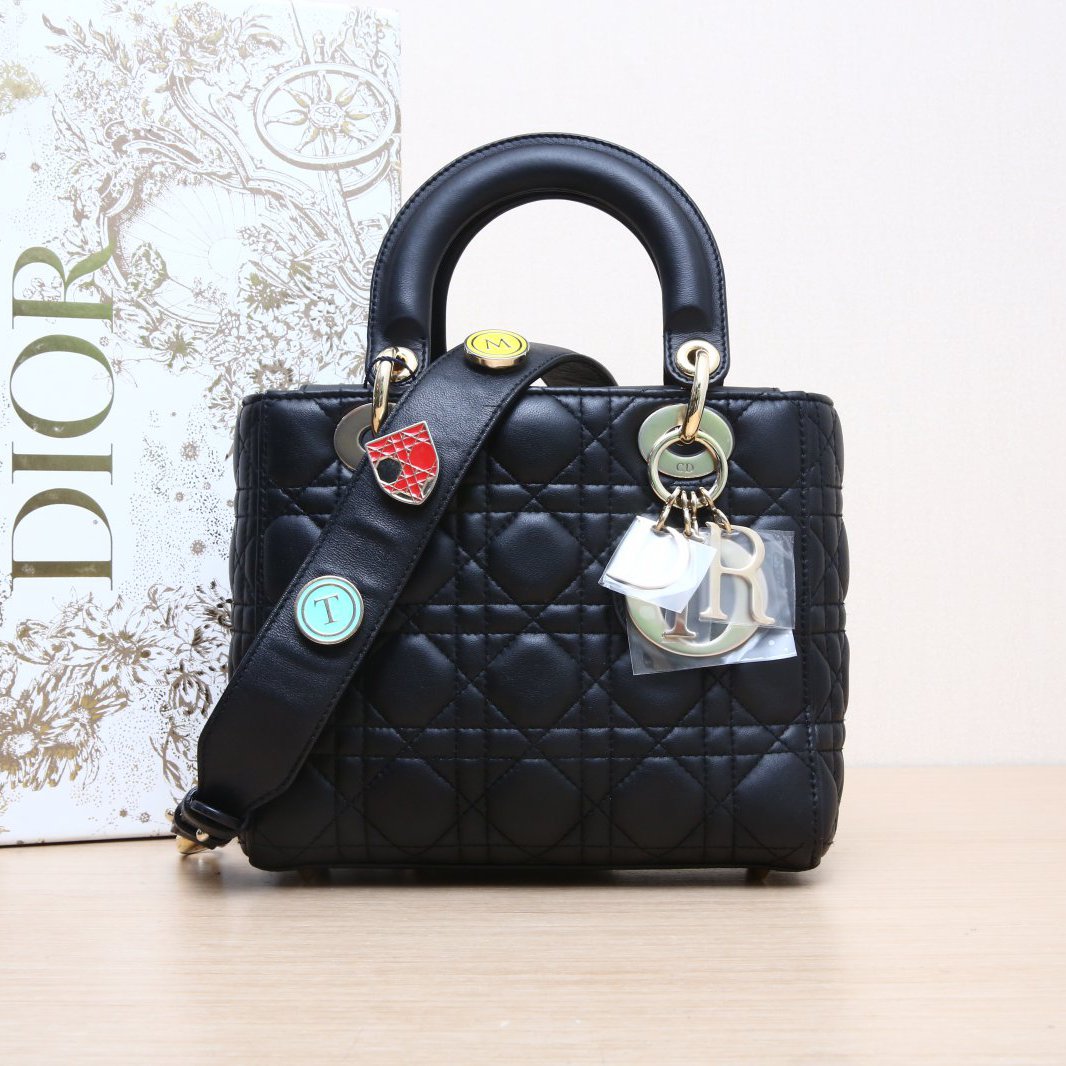 99新 DIOR/迪奥 【小花Han】 戴妃包 四格 黑色 皮革S 金扣 2016