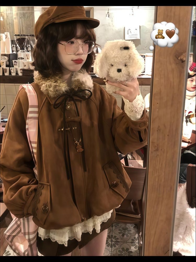 复古韩版气质秋冬季棕色外套夹克显瘦设计感蕾丝屁帘高腰短裙套装
