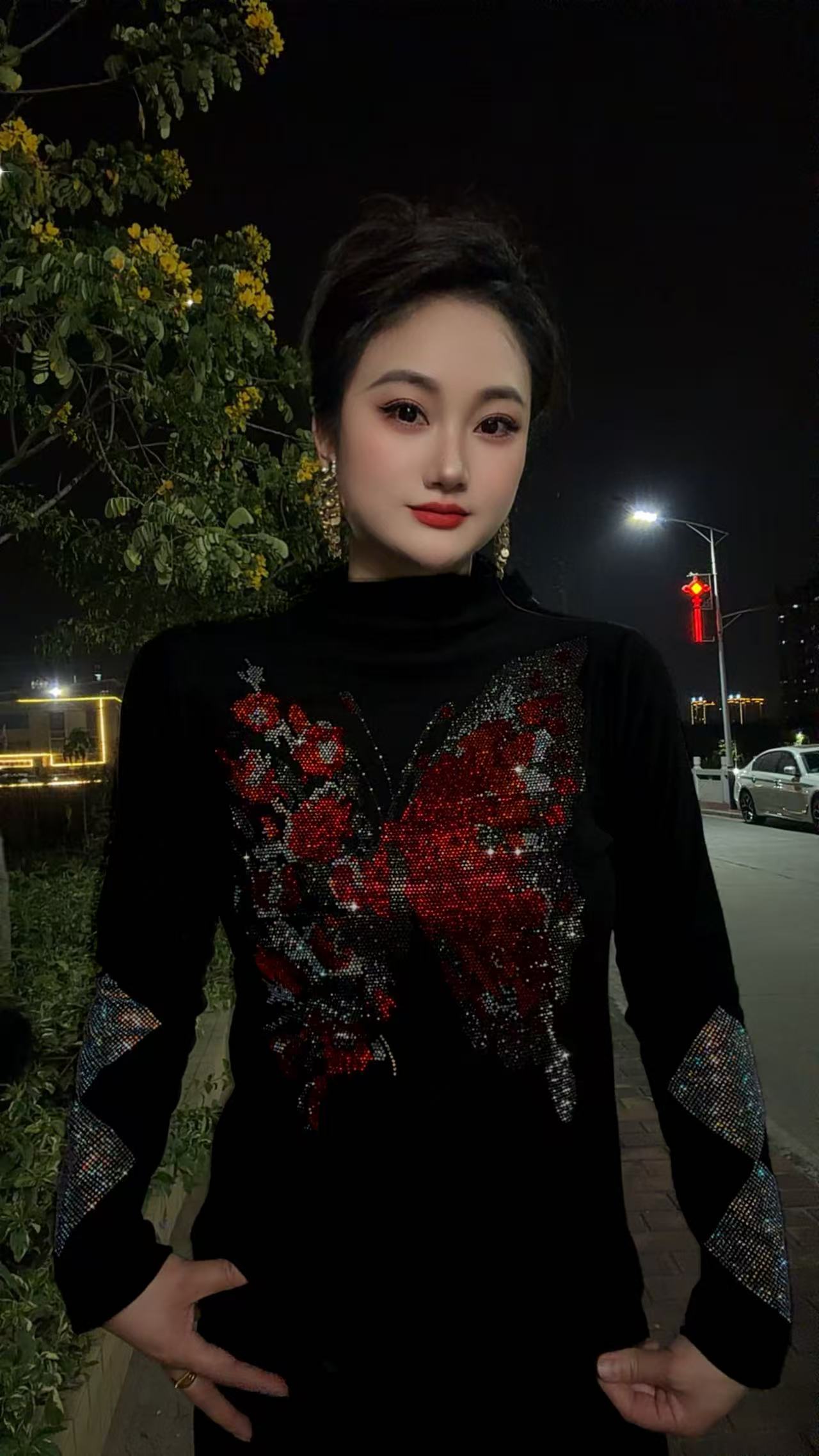 多色蝴蝶半高领打底衫女内搭秋冬新款时尚烫钻上衣修身显瘦D