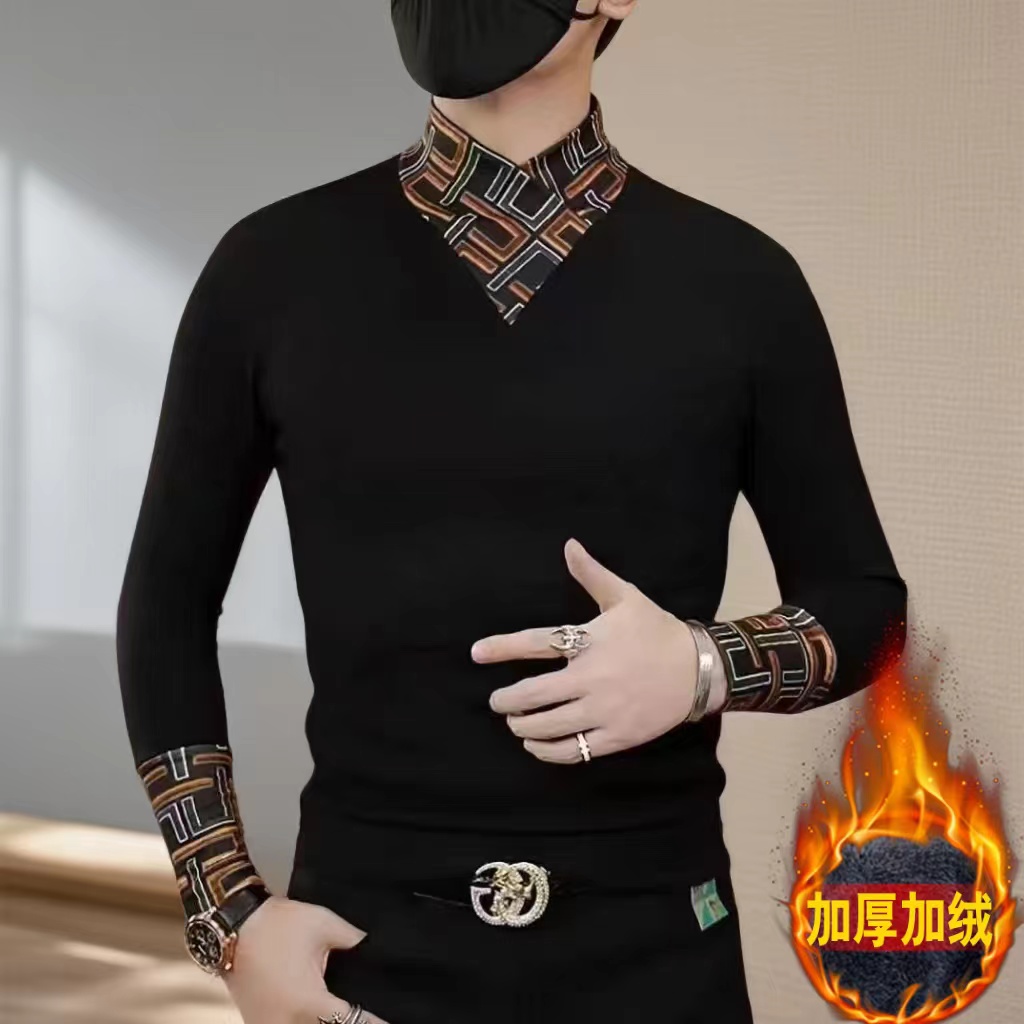 冬季轻奢潮流网红时尚个性百搭男士加绒修身打底衫围巾领长袖卫衣