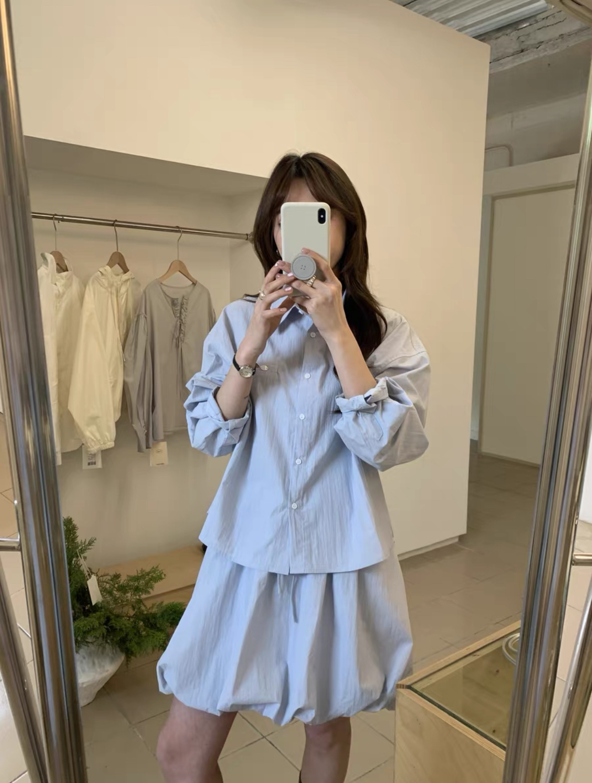 泡菜宽松长袖衬衫➕短裙两件套