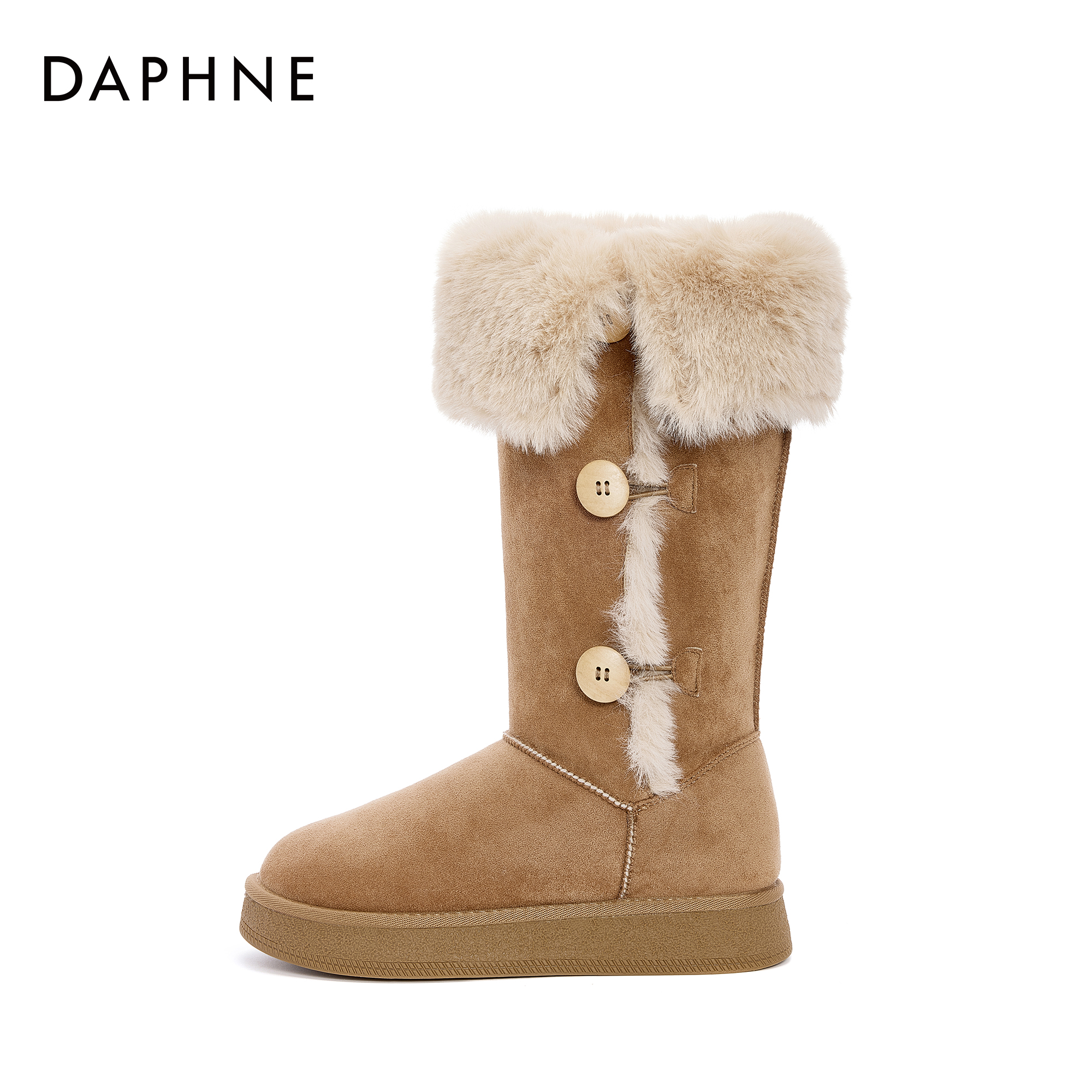 【达芙妮】冬季新款雪地靴时尚一体加绒加厚保暖长筒靴三粒扣高筒靴
