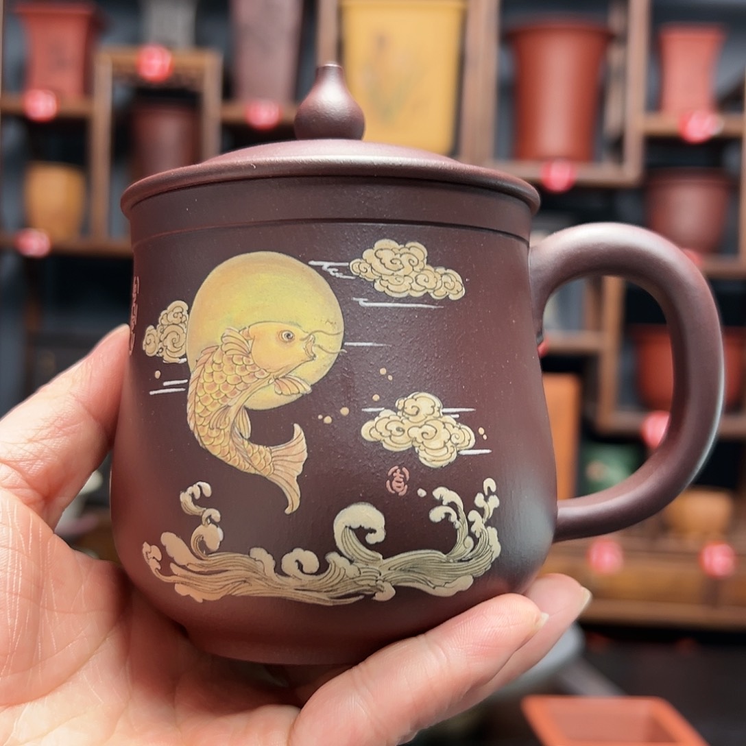 紫砂花盆m****亩泥绘盖杯